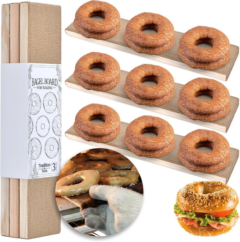 TRAITOOLS Bagel Baking Boards (3 Pack) | 15.7 x 3.5 x 0.8 Inch Burlap Covered Cedar Boards | Authentic Food Grade Cedar Baking Tray | Perfect Flip Boards for New York Style Bagels - Image 1